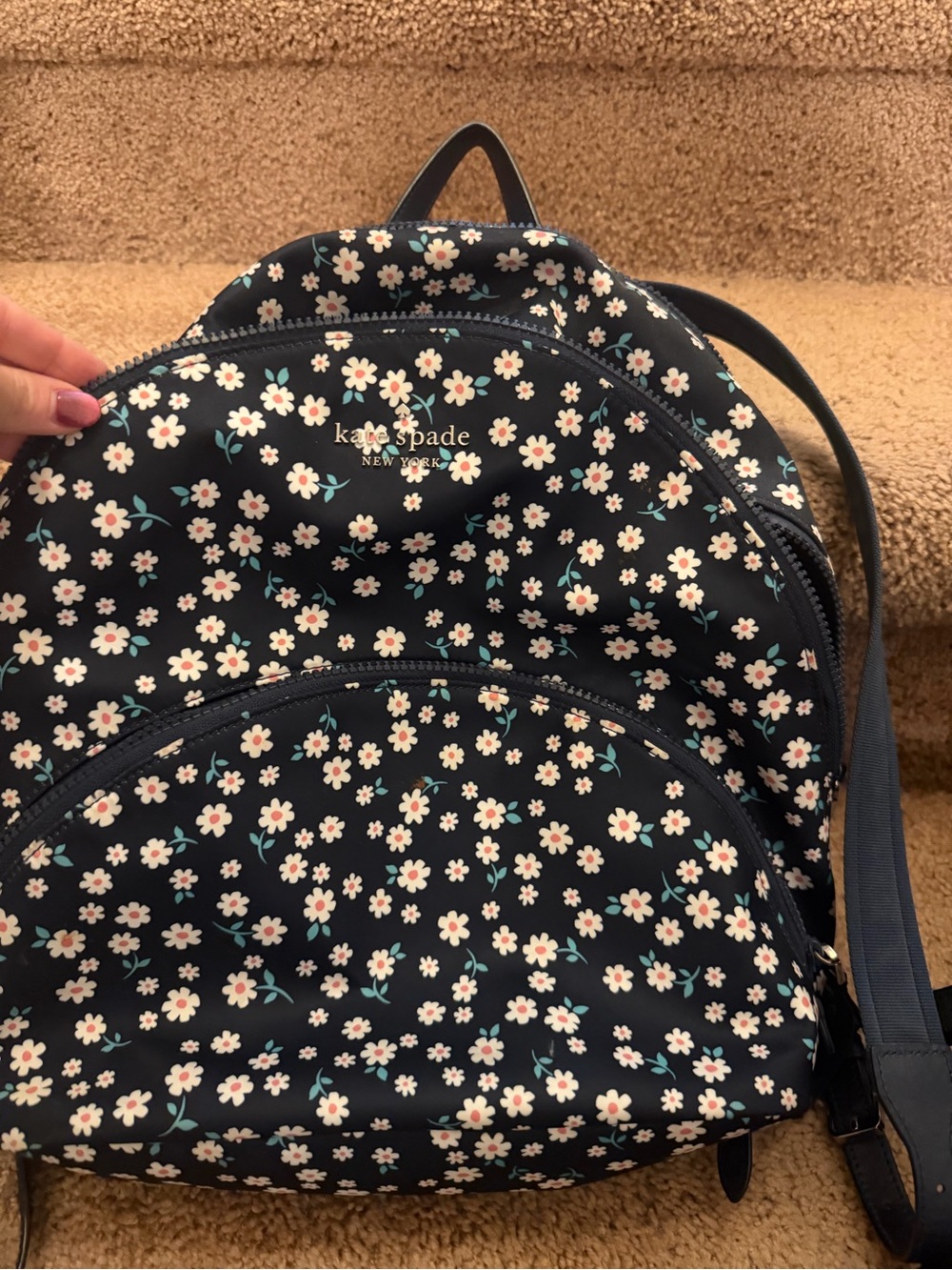kate spade navy floral mini backpack with cream and pink flowers